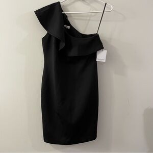 NWT Calvin Klein Little black dress One shoulder Ruffle size 12